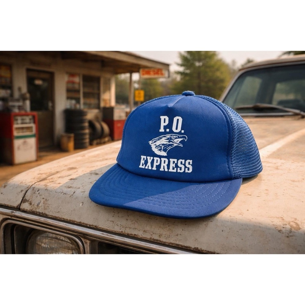 70s/80s‎ P.O. Express Eagle Trucker Hat Blue Mesh Snapback USA Cap VTG Advertise